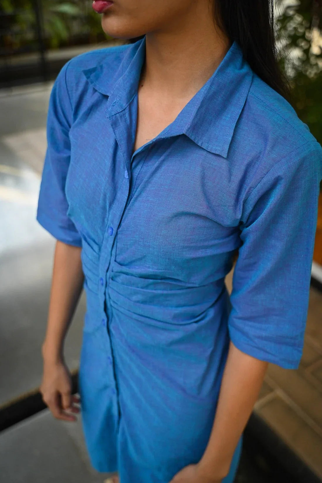 Handwoven Duotone Indigo Pink Ruched Dress