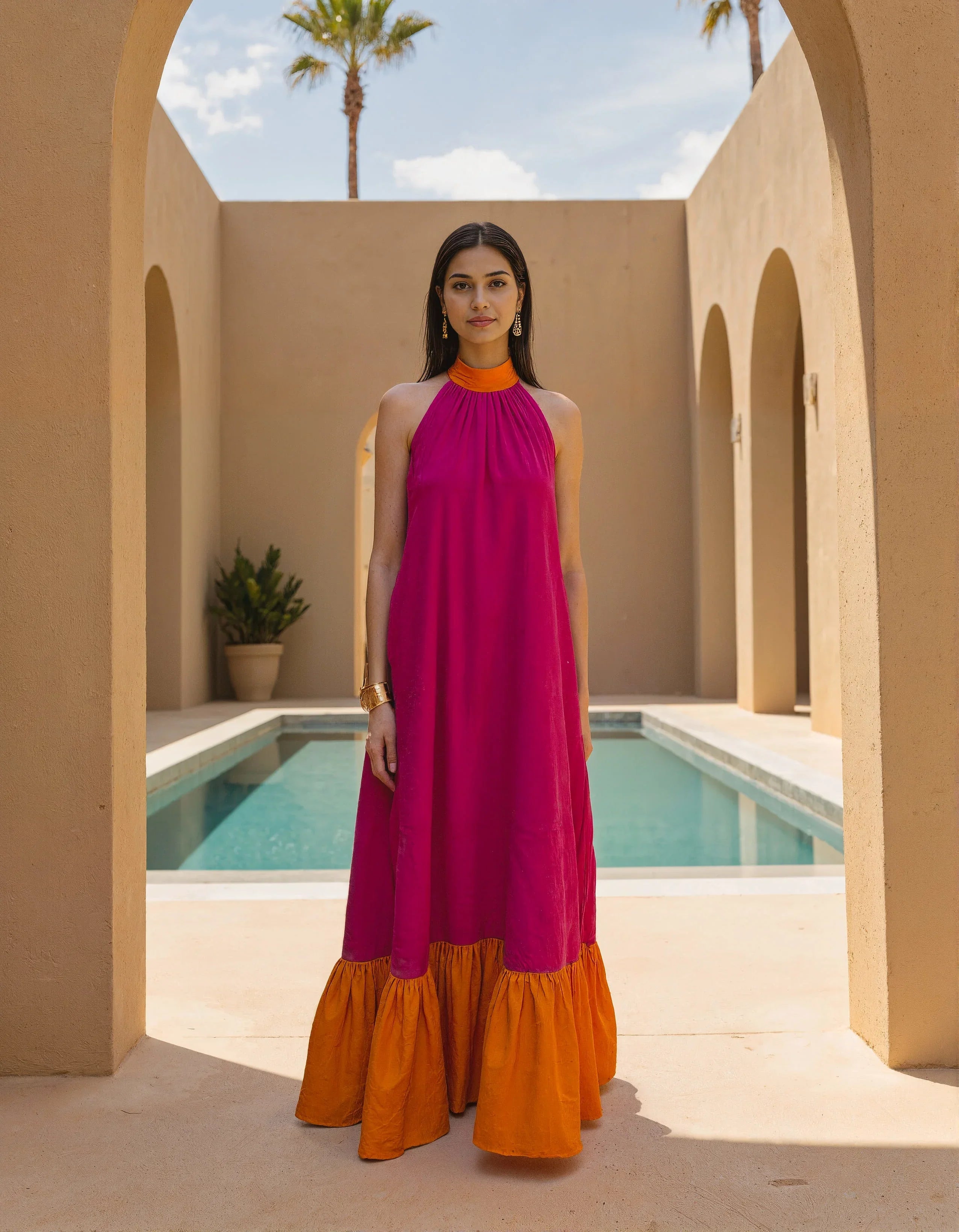 Handwoven Tangerine pink woven halter Maxi dress