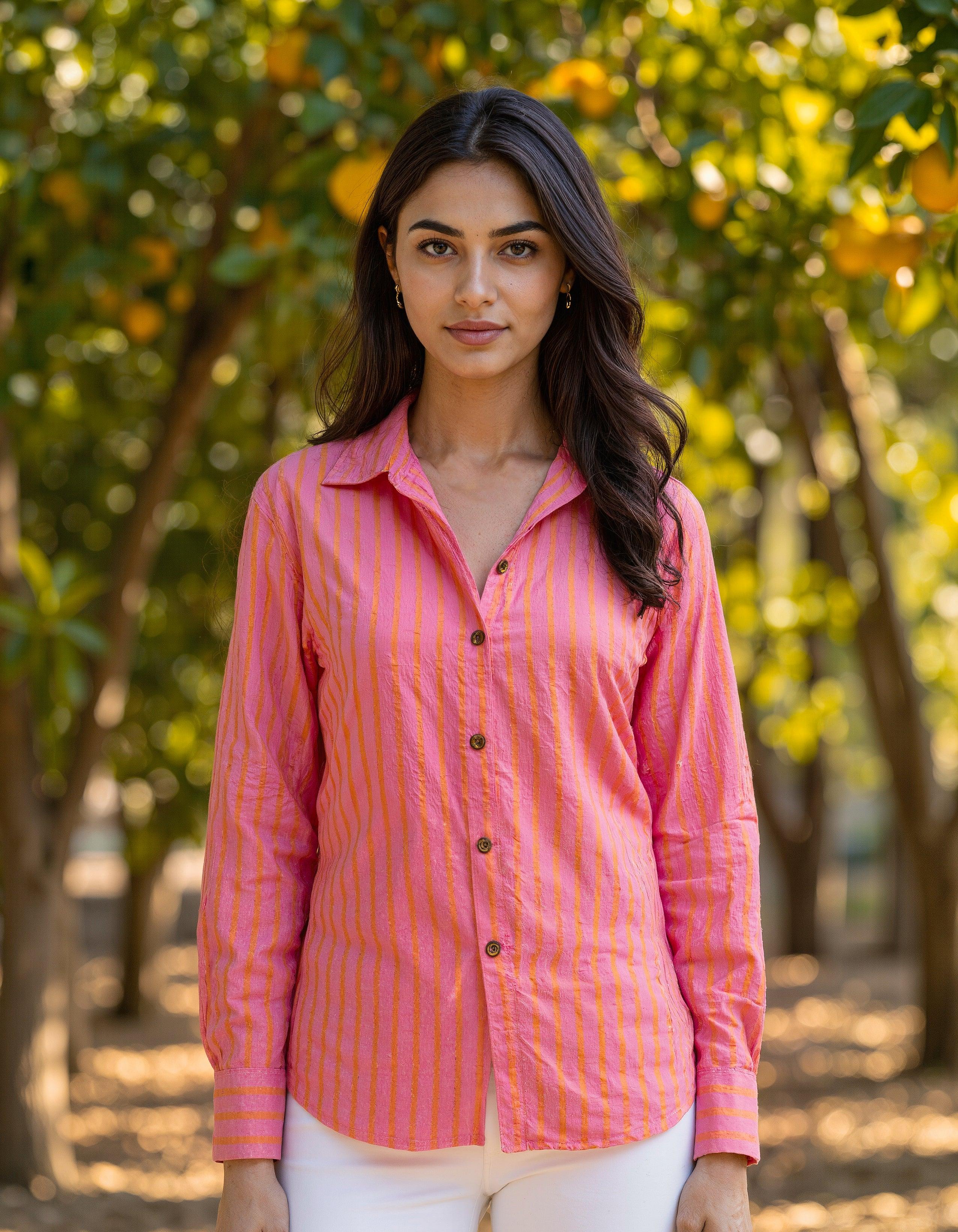 Handwoven Cotton Pink & Peach Bloom Shirt