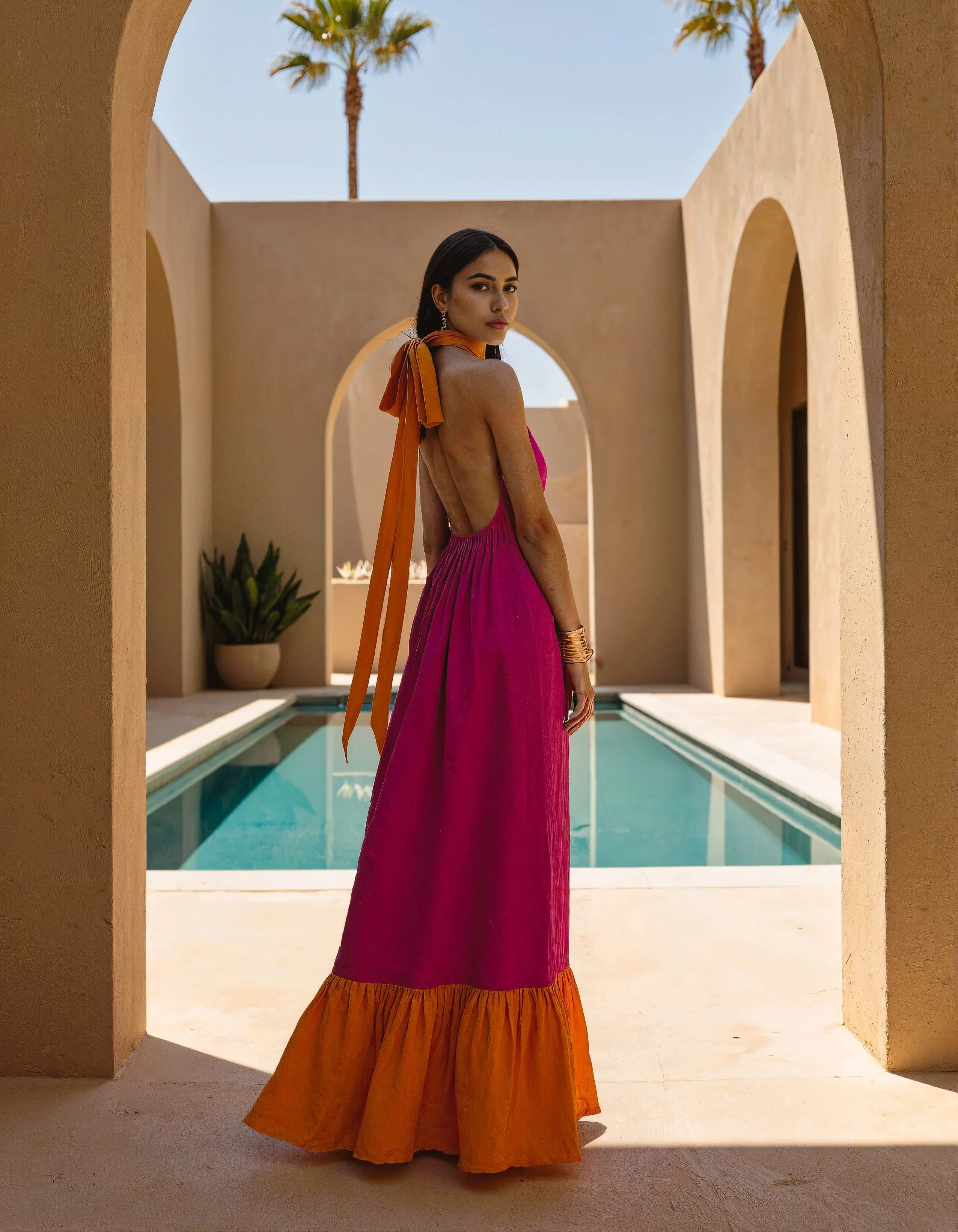 Handwoven Tangerine pink woven halter Maxi dress