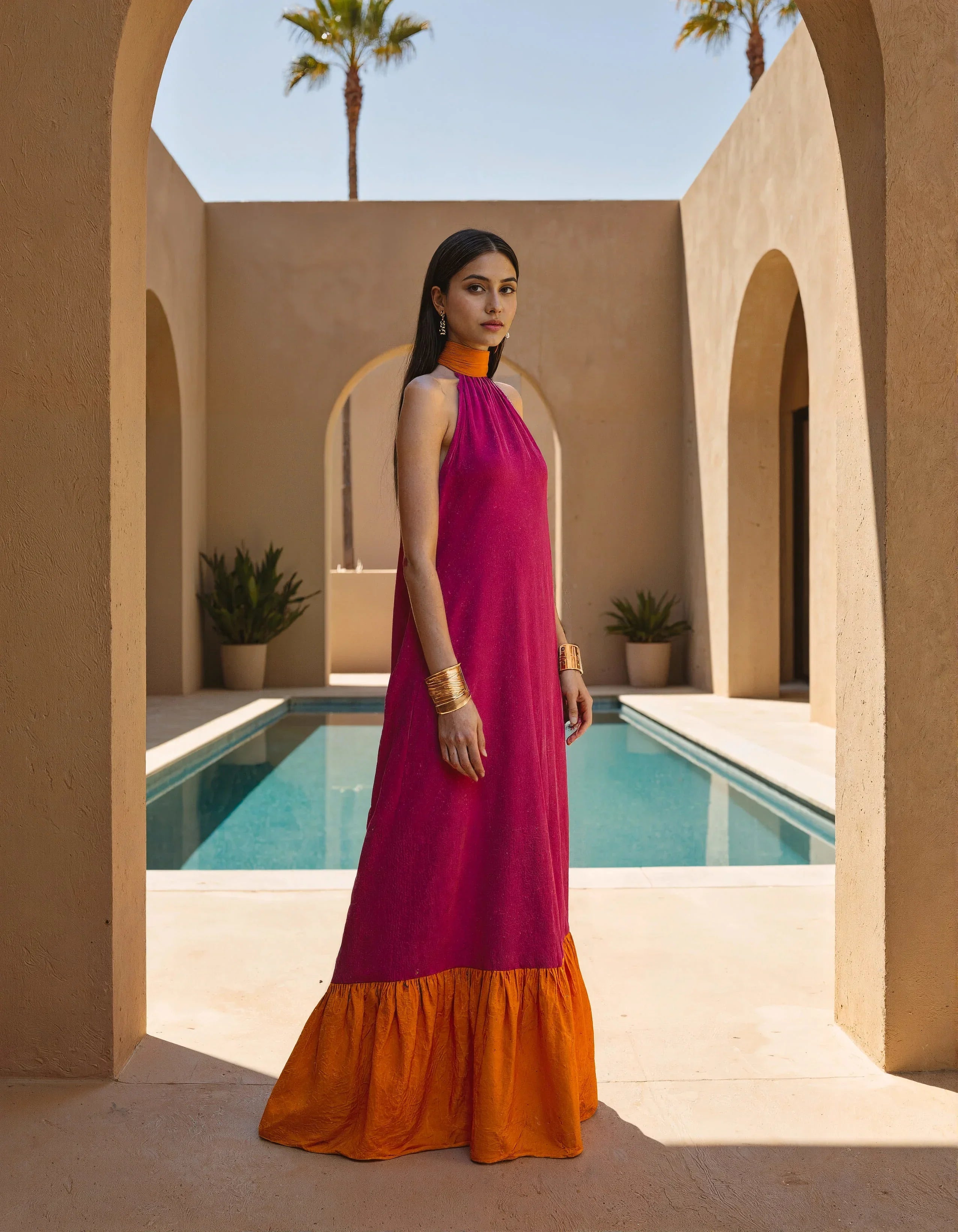 Handwoven Tangerine pink woven halter Maxi dress