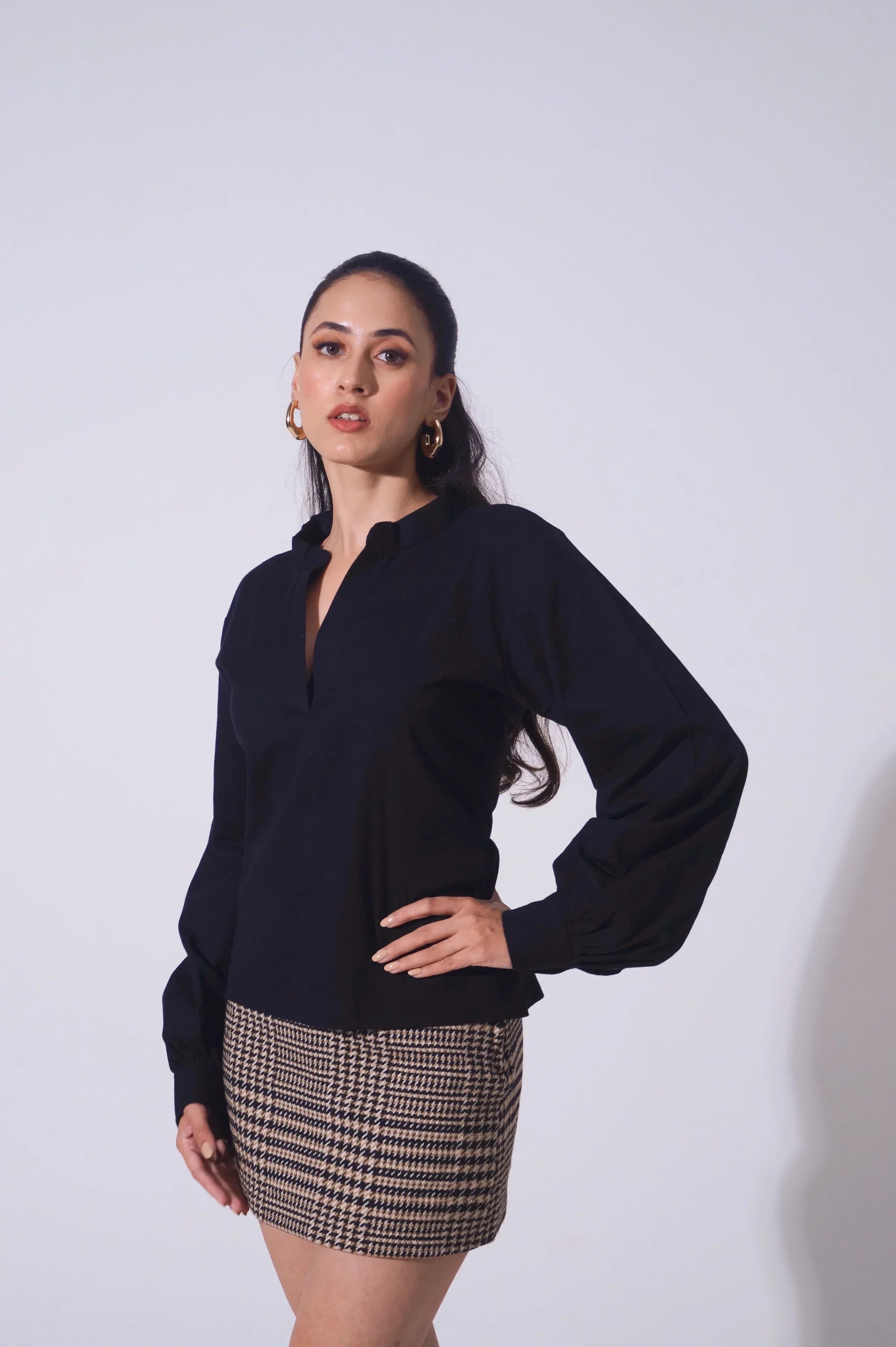 Handwoven Midnight Cotton Balloon Sleeve Top