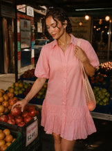 Pink Summer Frill Woven Shirt Dress
