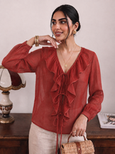 Desk to Dinner Rust Ruffle Top