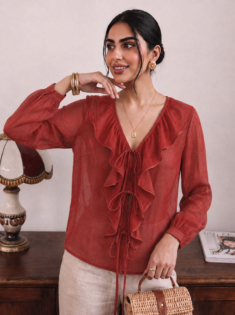 Desk to Dinner Rust Ruffle Top