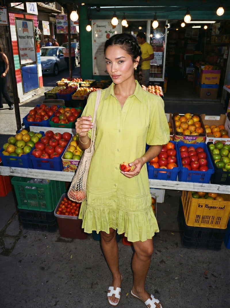 Lime Green Summer Frill Woven Shirt Dress