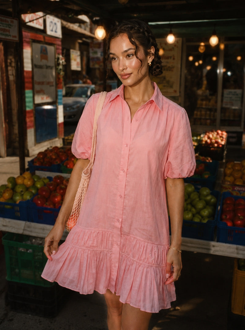 Pink Summer Frill Woven Shirt Dress