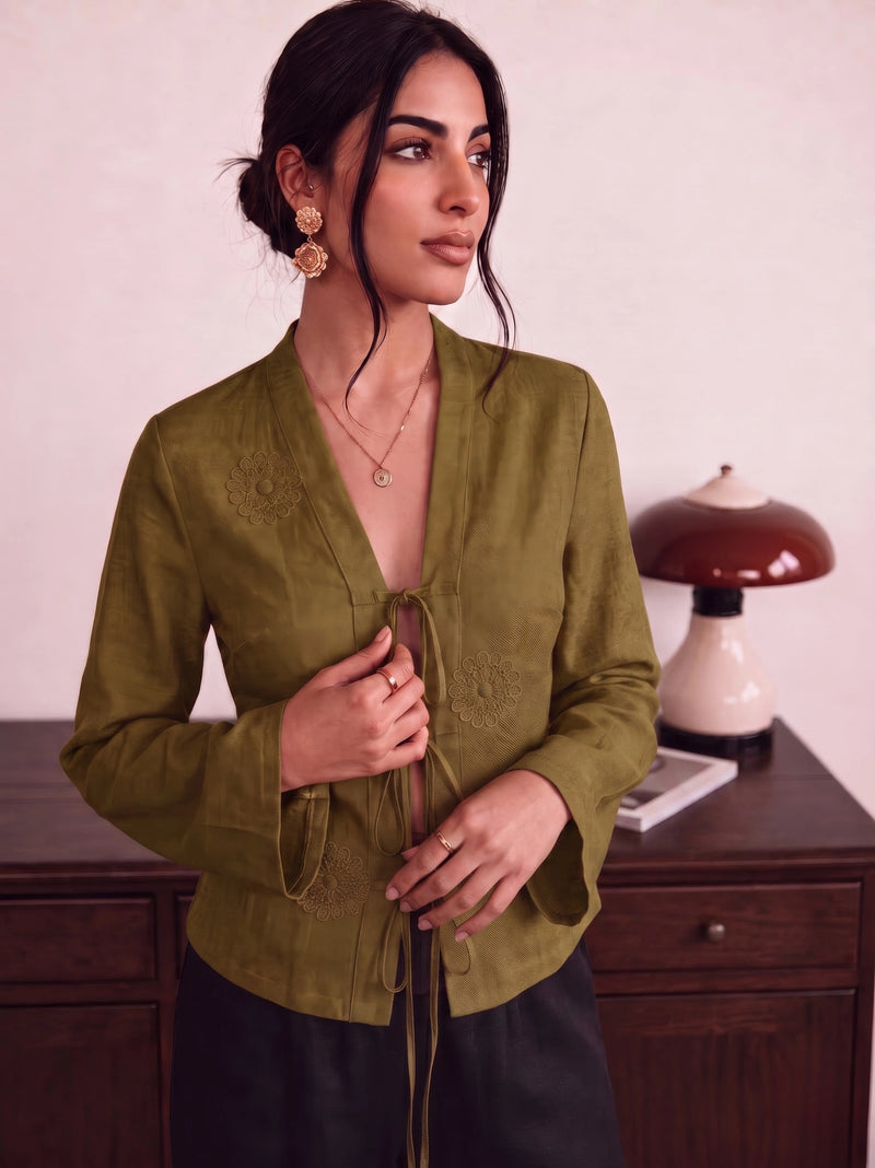 Handwoven Cotton Olive Brunch Run Kimono Top