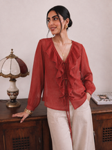 Desk to Dinner Rust Ruffle Top