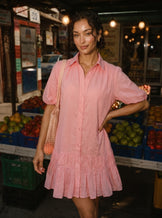 Pink Summer Frill Woven Shirt Dress