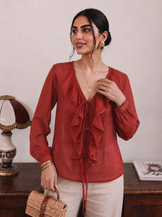 Desk to Dinner Rust Ruffle Top
