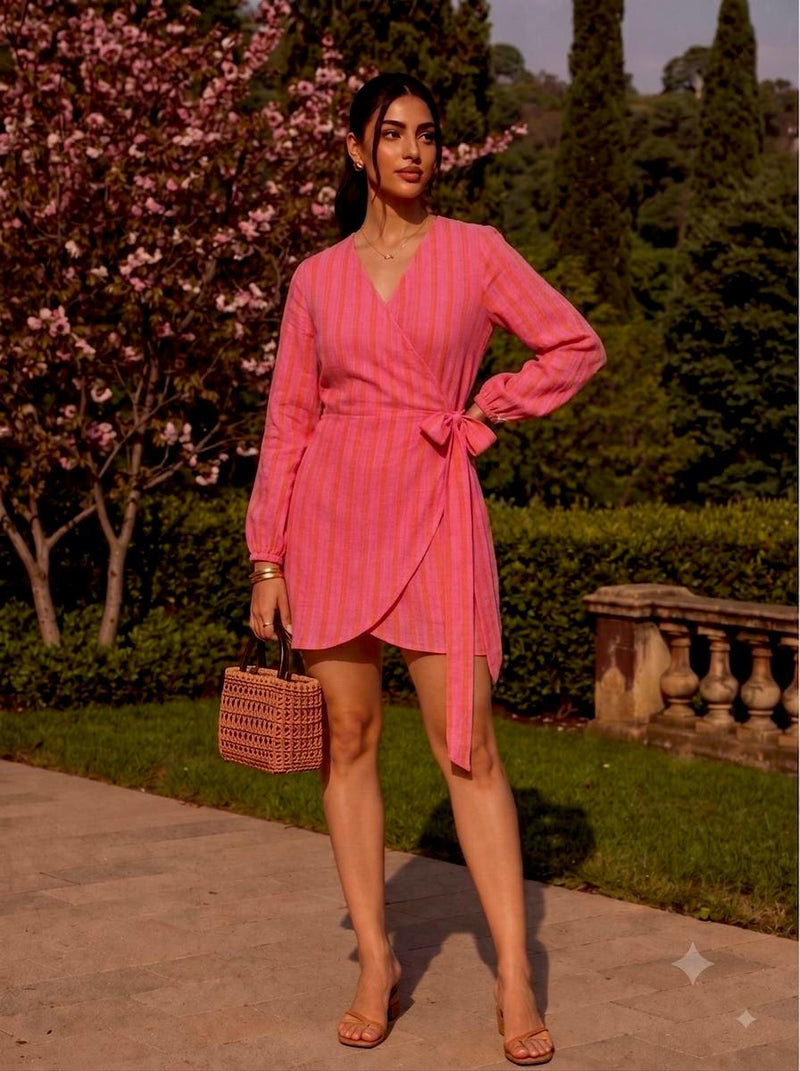 Handwoven cotton Striped Positano Wrap Dress