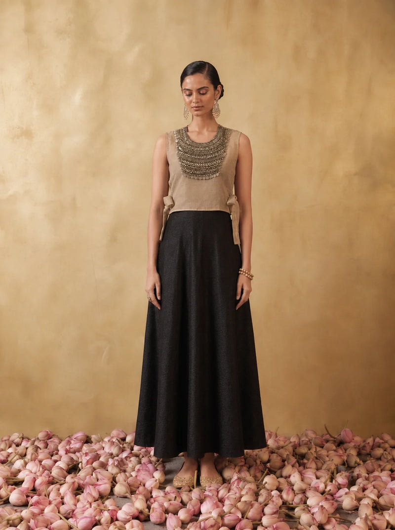 Embellished Chanderi Bib with Black Sweetheart neck Dress