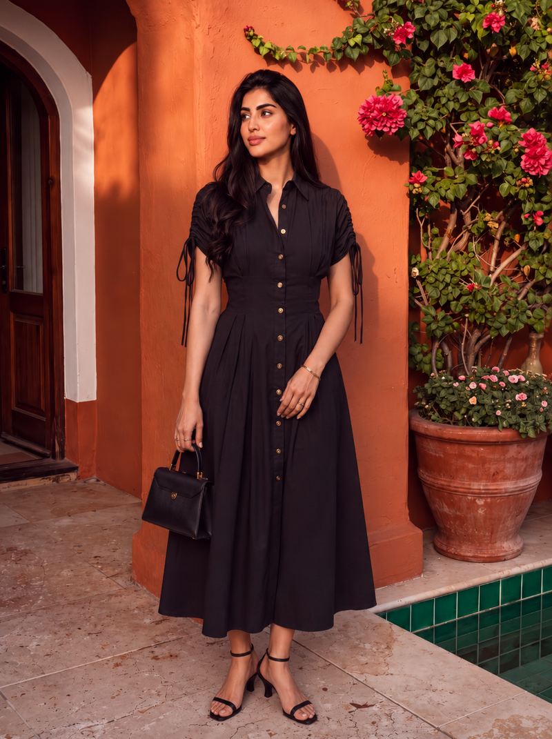 Handwoven cotton Noir Button Down Dress