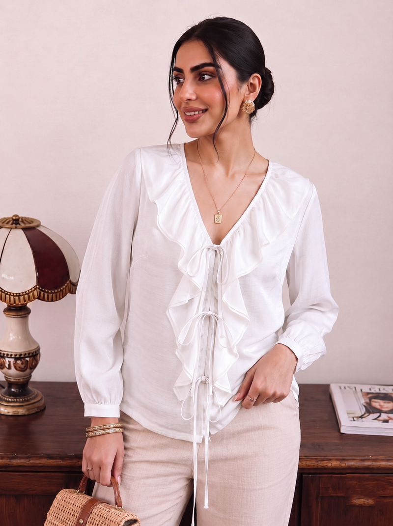 Desk to Dinner White Ruffle Top