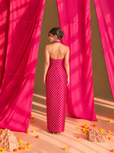 Embellished halterneck fitted Dress in Hot pink