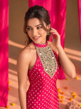 Embellished halterneck fitted Dress in Hot pink