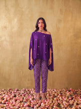 One shoulder cape top with straight fit pants in Purple
