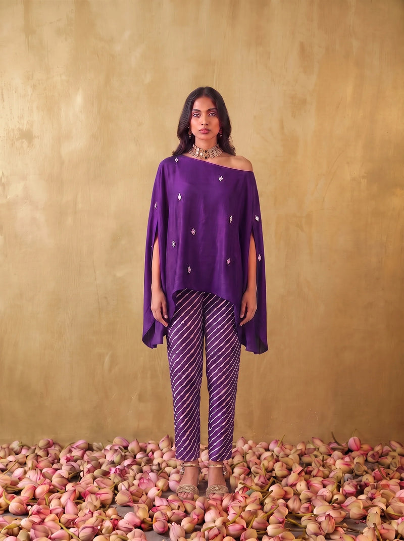 One shoulder cape top with straight fit pants in Purple