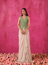Dori Waistcoat with Draped Skirt in sage green and ivory
