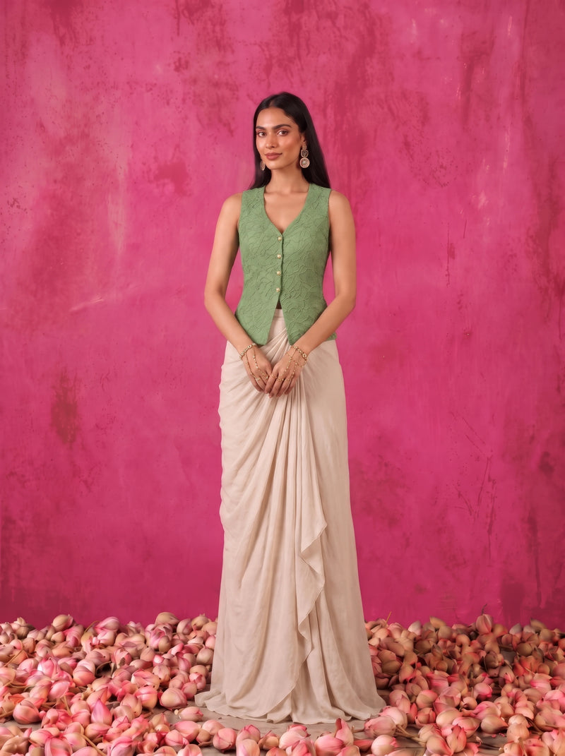 Dori Waistcoat with Draped Skirt in sage green and ivory