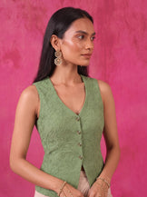 Dori Waistcoat with Draped Skirt in sage green and ivory