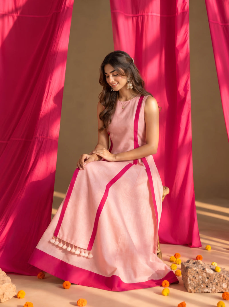 Long kurta with flared skirt set in Blush &amp; Hot pink