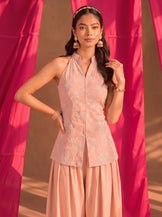 Mandarin Collar Vest with Harrem Pants in Blush pink