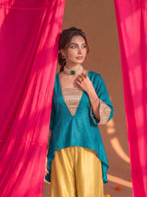 V-neck gota patti farshi set (Teal &amp; Mustard)