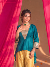 V-neck gota patti farshi set (Teal &amp; Mustard)