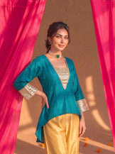 V-neck gota patti farshi set (Teal &amp; Mustard)