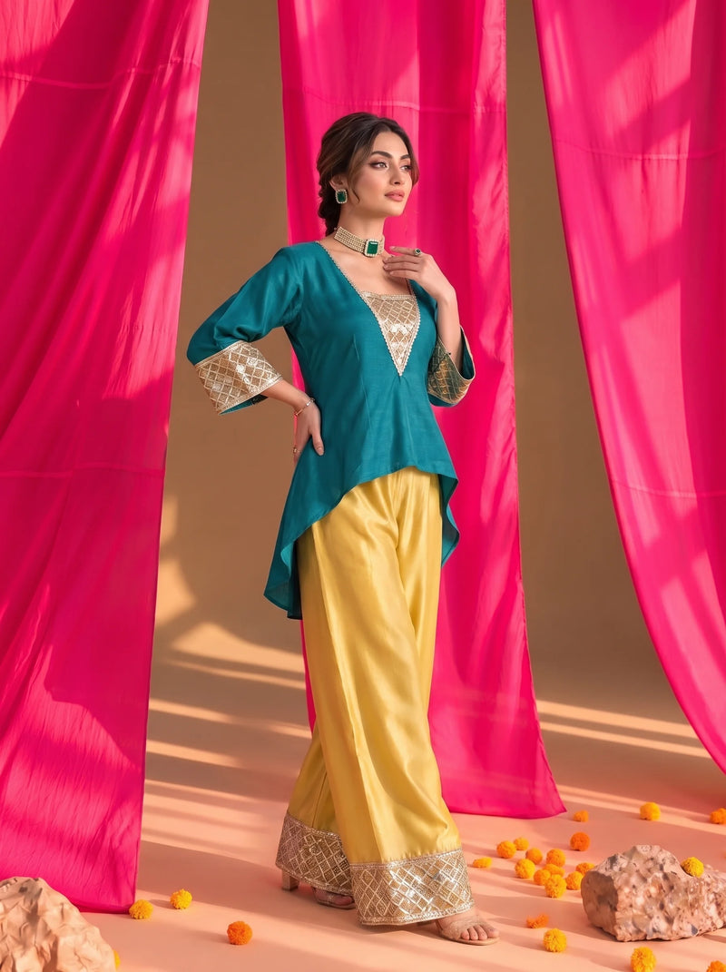 V-neck gota patti farshi set (Teal &amp; Mustard)