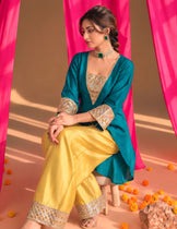 V-neck gota patti farshi set (Teal &amp; Mustard)