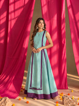 Long kurta with flared skirt set in Mint &amp; Purple