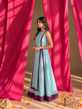Long kurta with flared skirt set in Mint &amp; Purple