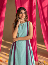 Long kurta with flared skirt set in Mint &amp; Purple