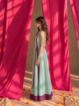Long kurta with flared skirt set in Mint &amp; Purple