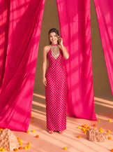 Embellished halterneck fitted Dress in Hot pink