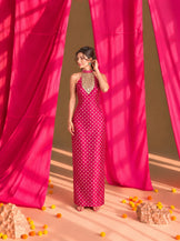 Embellished halterneck fitted Dress in Hot pink