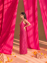 Embellished halterneck fitted Dress in Hot pink