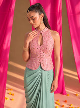 Mirror Work Blush top with Draped Skirt in Mint