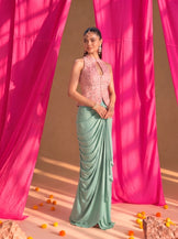Mirror Work Blush top with Draped Skirt in Mint