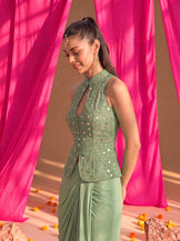 Mirror Work Sage top with Draped Skirt in Sage