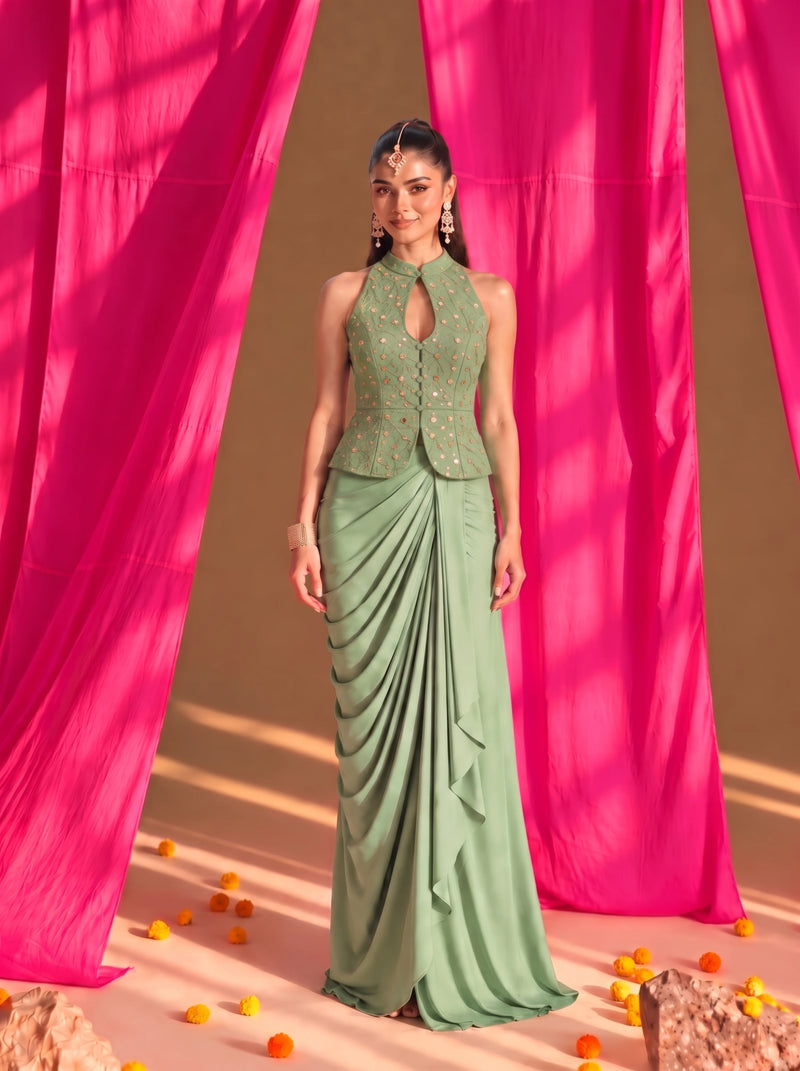 Mirror Work Sage top with Draped Skirt in Sage