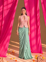 Mirror Work Blush top with Draped Skirt in Mint