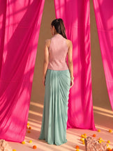 Mirror Work Blush top with Draped Skirt in Mint