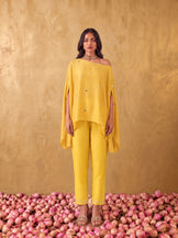 One shoulder cape top with straight fit pants in Mustard yellow