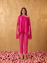 One shoulder cape top with straight fit pants in Hot pink