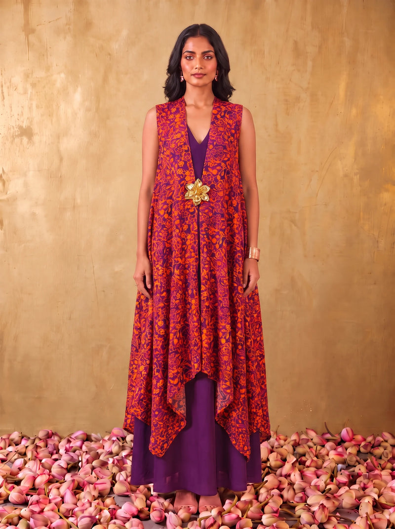 Sunset Cape with Purple V-neck Flare Dress