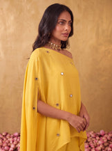 One shoulder cape top with straight fit pants in Mustard yellow